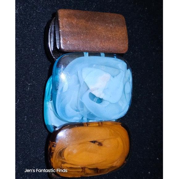 Vintage Lucite Blue Brown & Wood Stretch Bracelet 7-8" - Picture 4 of 7